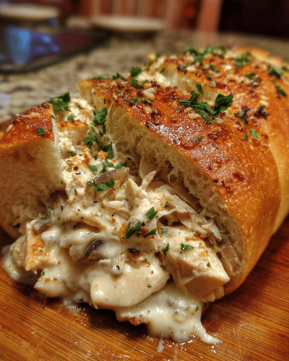 Chicken Alfredo Stuffed Bread sliced and filled with creamy chicken and cheese