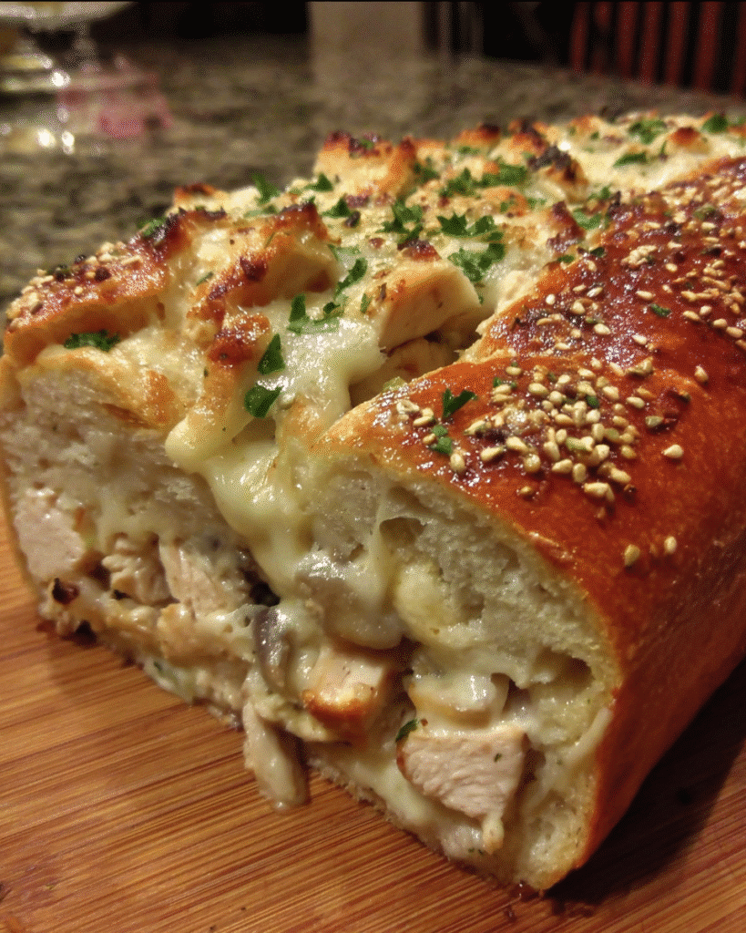 Chicken Alfredo Stuffed Bread sliced and filled with creamy chicken and cheese