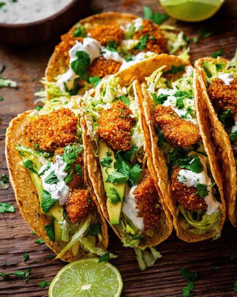 Crispy Cajun chicken tacos with crunchy coating, fresh toppings, and lime yogurt sauce.
