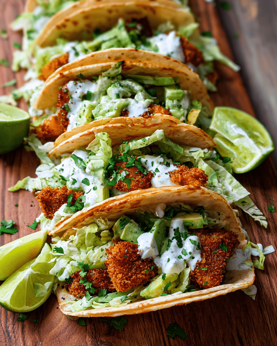 Crispy Cajun chicken tacos with crunchy coating, fresh toppings, and lime yogurt sauce.