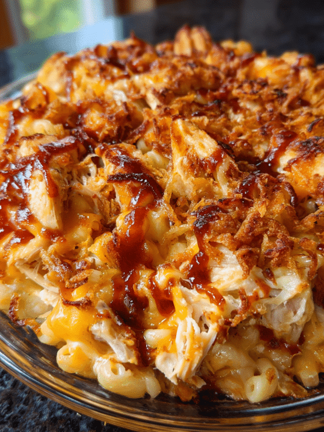 BBQ chicken mac and cheese baked until bubbly