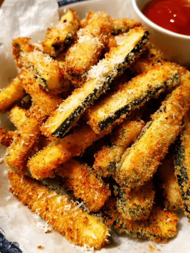 Baked Parmesan Zucchini Fries on a baking sheet