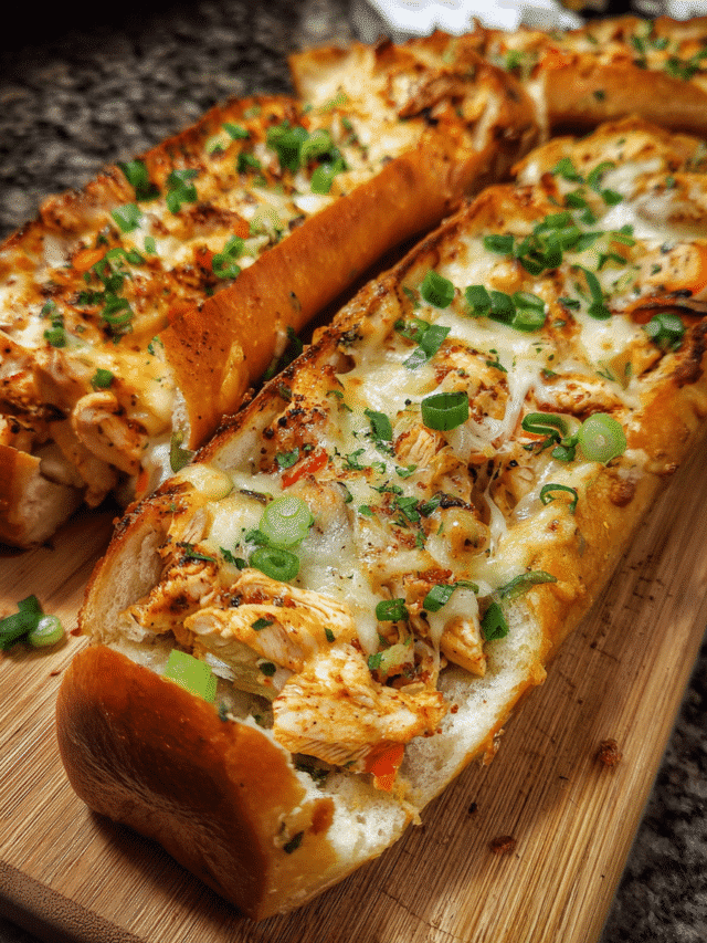 Buffalo chicken stuffed garlic bread on a cutting board