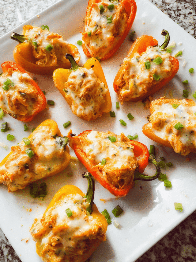 Buffalo Chicken Stuffed Mini Peppers baked with creamy buffalo chicken filling