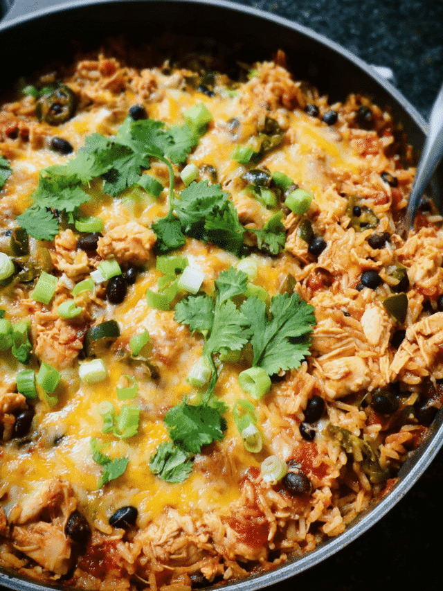 Cheesy chicken enchilada rice skillet in a pan