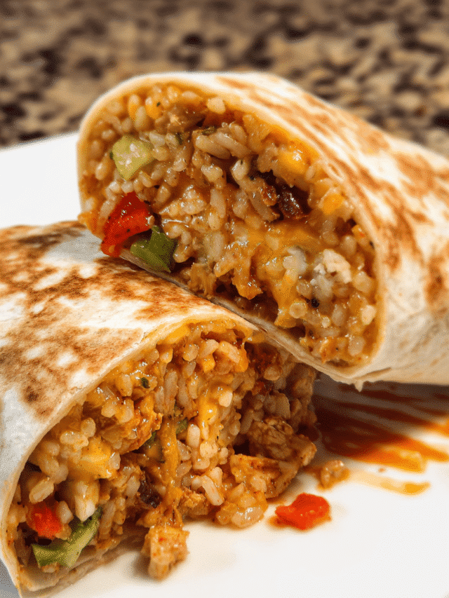Cheesy chicken and rice burrito toasted golden