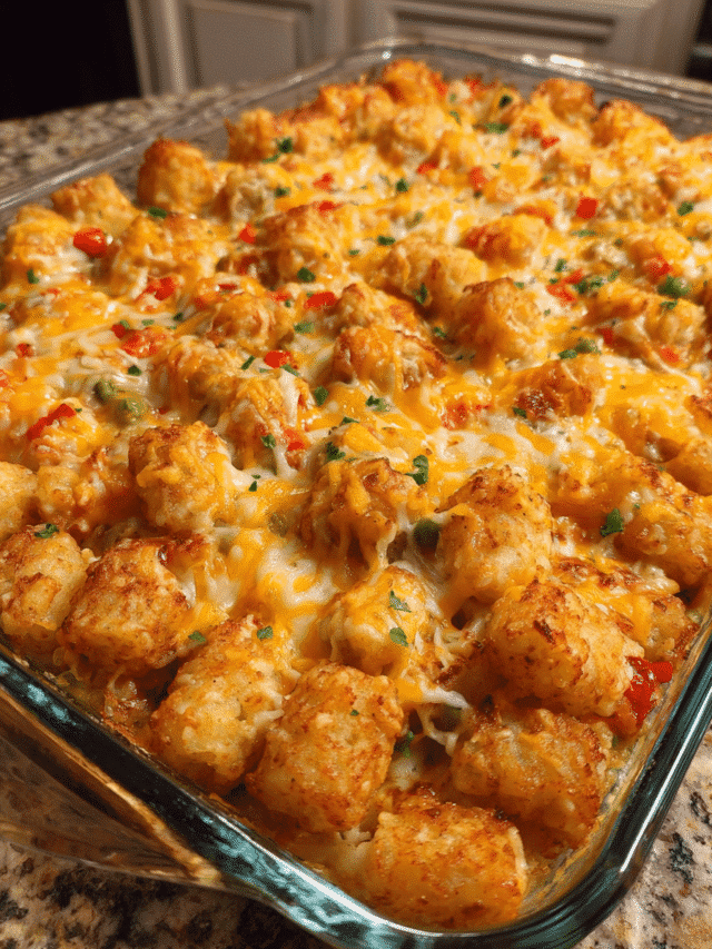 Cheesy chicken tater tot bake fresh from the oven
