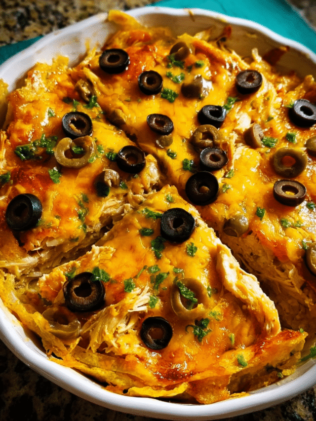 Cheesy Chicken Tortilla Pie baked with tortillas and melted cheese