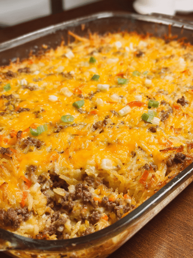 Cheesy ground beef and hashbrown casserole baked until golden