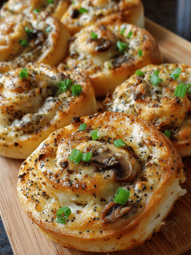Cheesy Mushroom Pinwheels baked golden on a platter