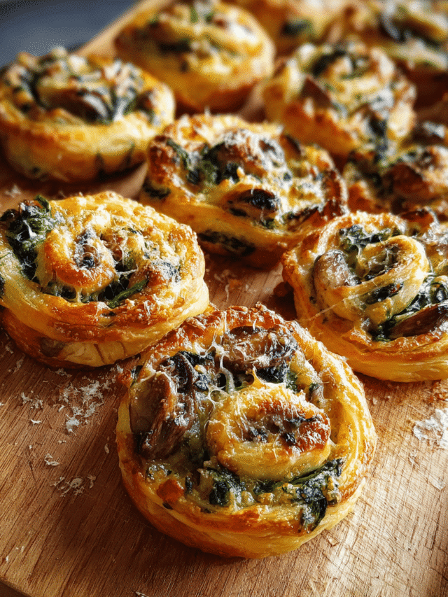 Cheesy Mushroom and Spinach Pinwheels baked golden and crisp