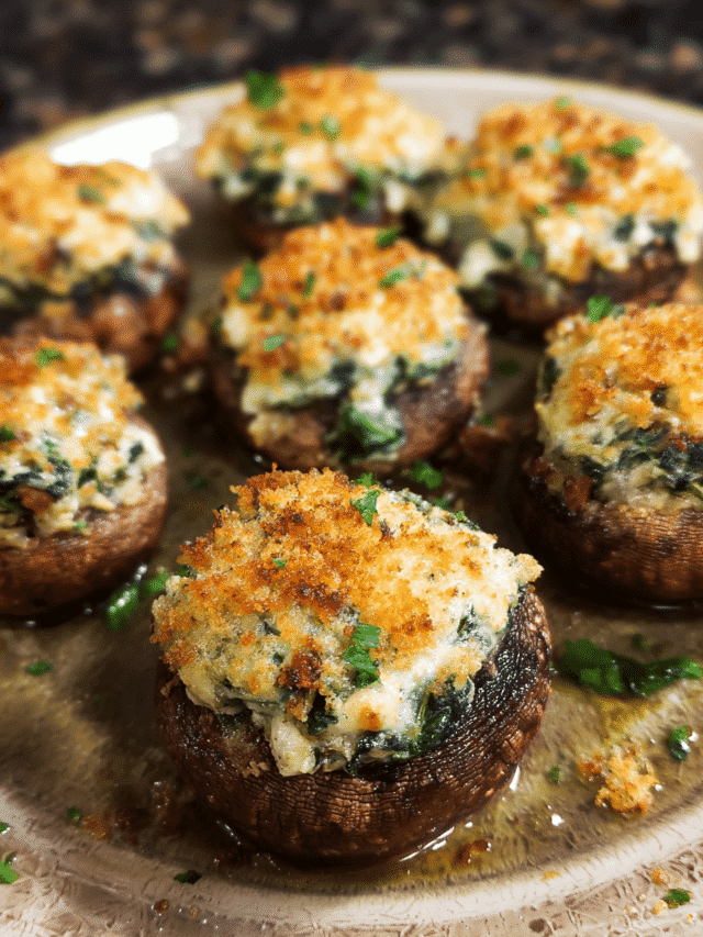 Cheesy Spinach Stuffed Mushrooms baked with creamy spinach filling and crispy topping.