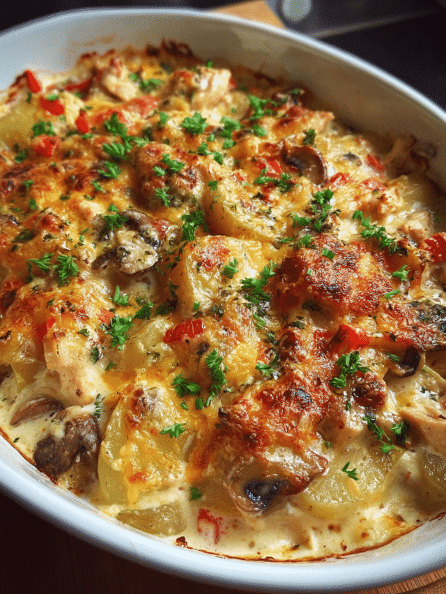 Cheesy chicken and potato bake with golden cheddar topping