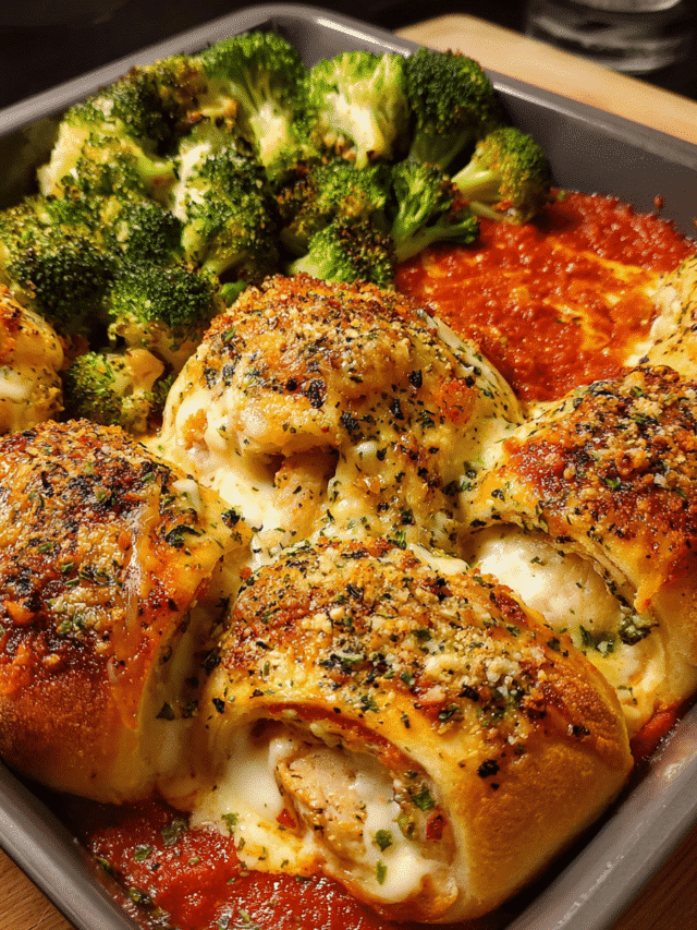 Chicken Alfredo Pizza Rolls baked golden with broccoli and creamy sauce