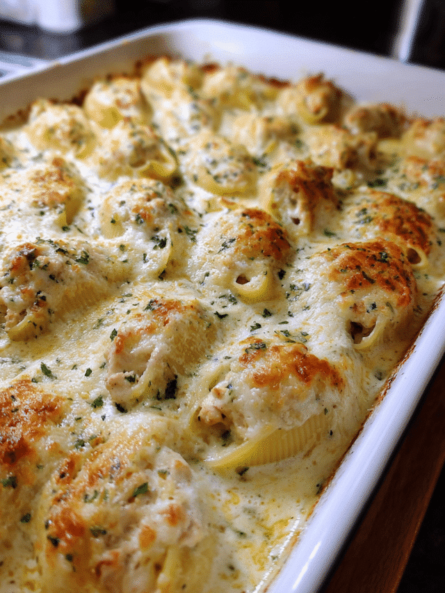 Baked chicken Alfredo stuffed shells with creamy sauce