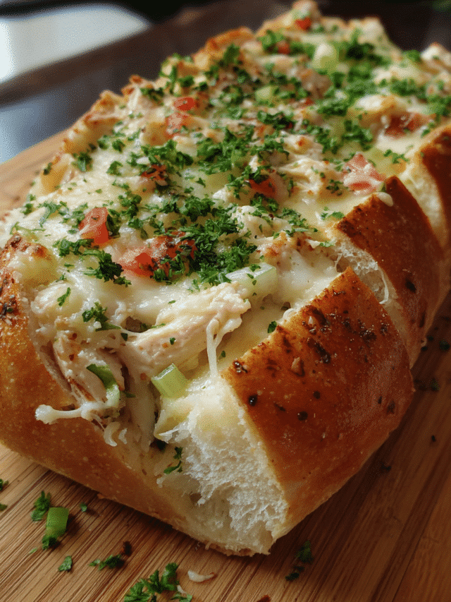 Chicken Bacon Alfredo Stuffed Bread sliced and served warm