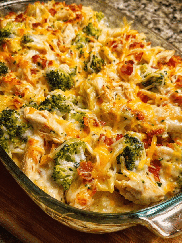 creamy chicken bacon ranch casserole in baking dish