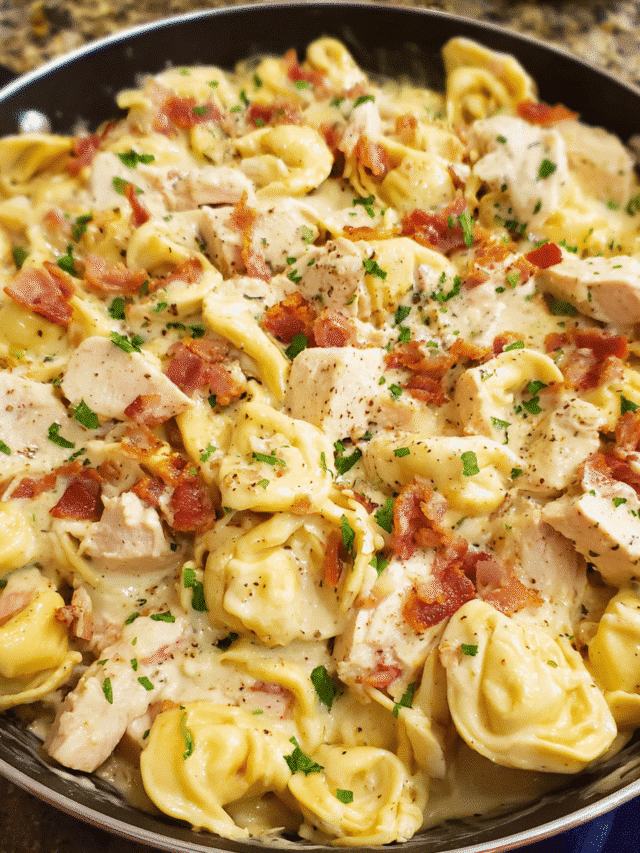 Creamy chicken bacon ranch tortellini in a skillet
