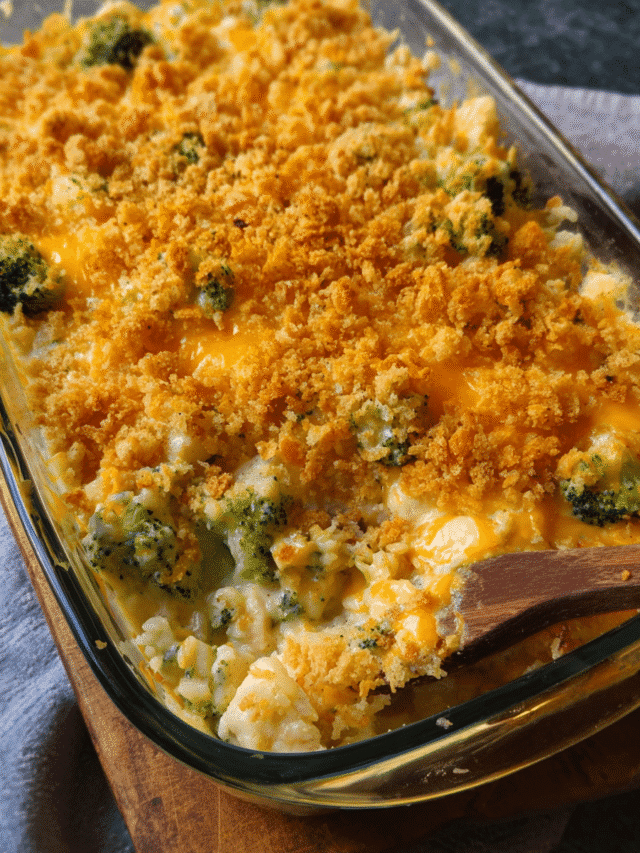Chicken broccoli rice casserole baked with cracker topping