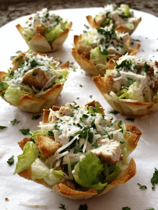 Chicken Caesar Salad Cups served in baked wonton shells