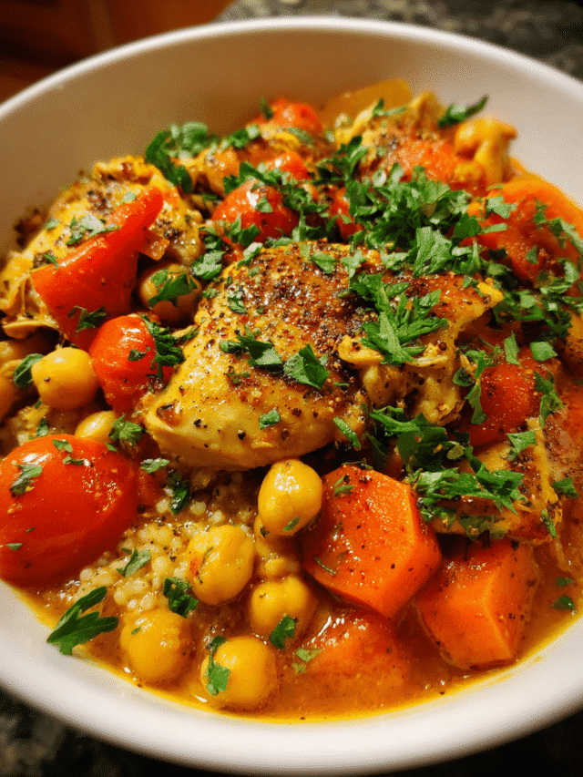 bowl of chicken and chickpea Mediterranean-style stew