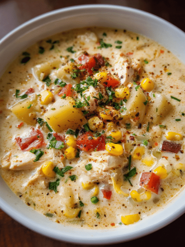 Creamy bowl of chicken corn chowder with potatoes and corn
