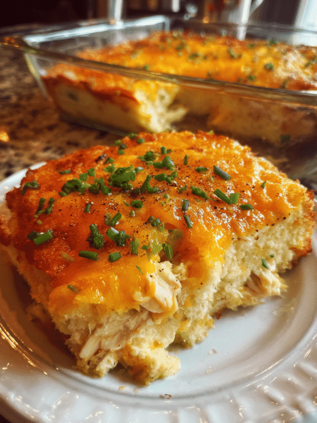 Chicken cornbread casserole baked golden in a casserole dish