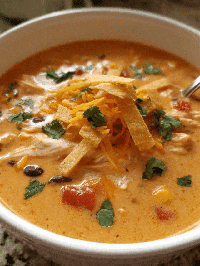 Creamy Chicken Enchilada Soup topped with cheese and tortilla strips