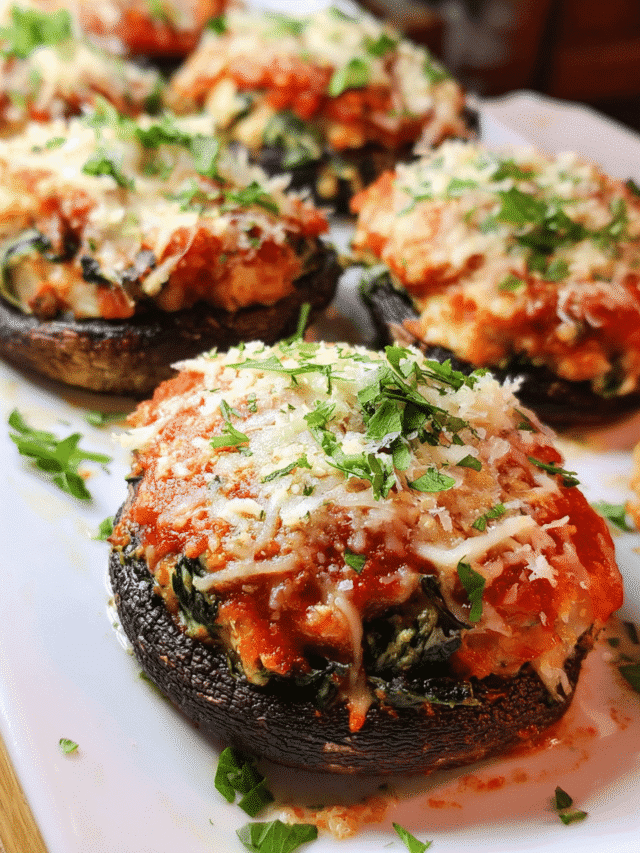 Chicken Parmesan Stuffed Mushrooms baked with cheese and marinara