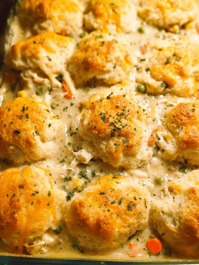 Chicken pot pie casserole with cheddar biscuit topping baked golden