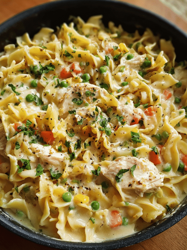Creamy chicken pot pie pasta in a skillet