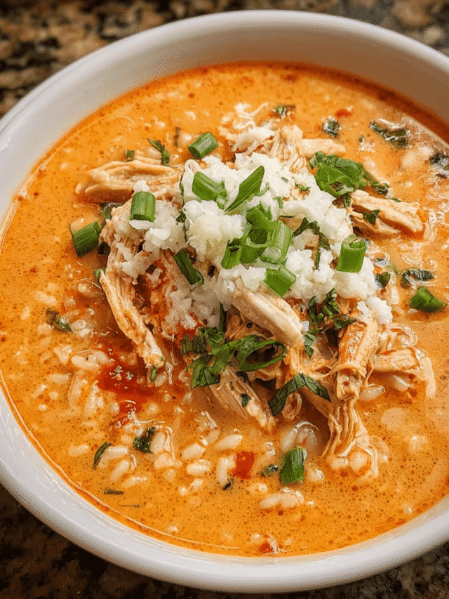 Creamy chicken and roasted red pepper soup in a bowl
