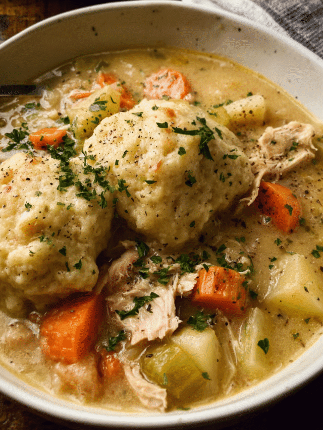 Bowl of chicken and thyme dumpling stew with vegetables