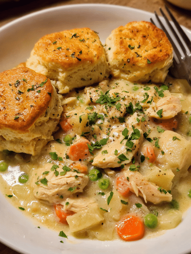 Chicken and biscuits skillet with golden biscuit topping