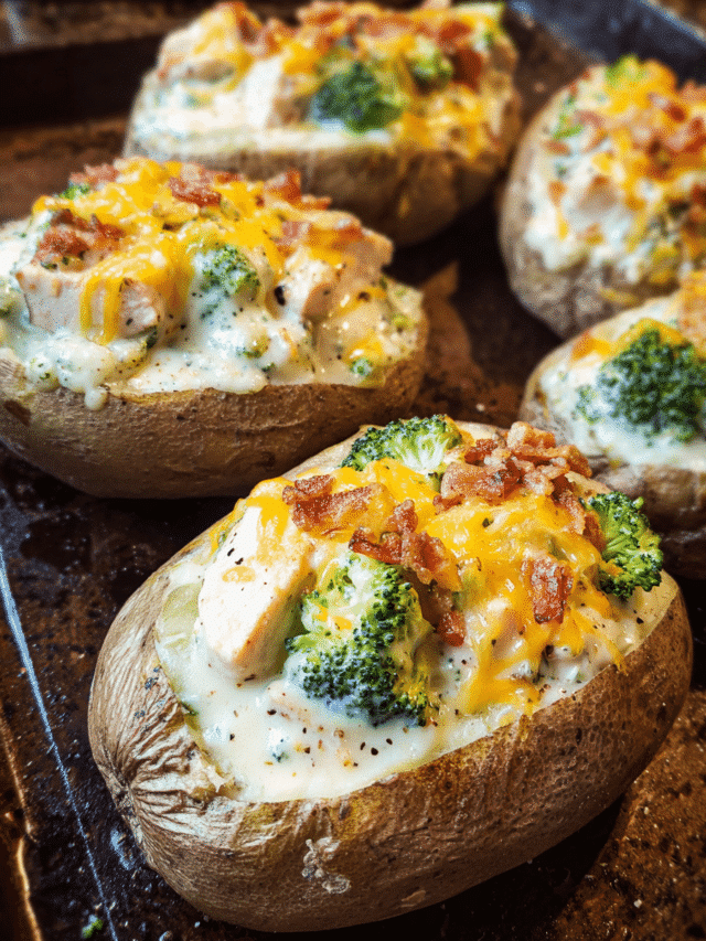 Chicken and broccoli stuffed potatoes with creamy cheese sauce
