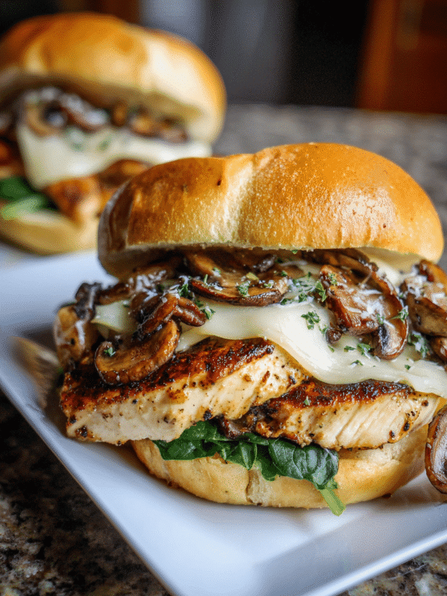 Chicken and mushroom melt sandwich with Swiss cheese