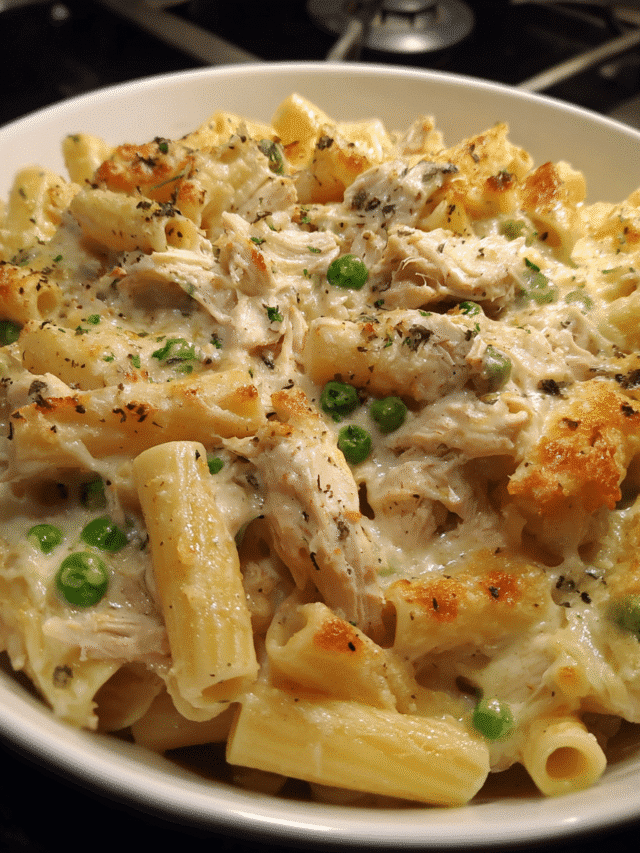 baked chicken and pea casserole with parmesan topping