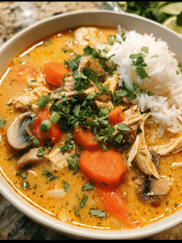 bowl of coconut chicken curry soup with rice and cilantro