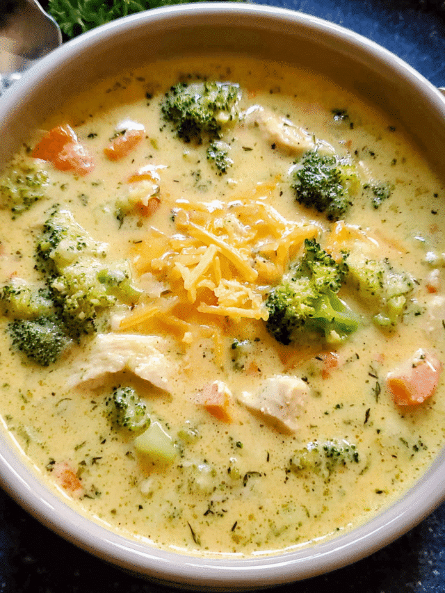 Creamy broccoli cheddar chicken soup in a bowl