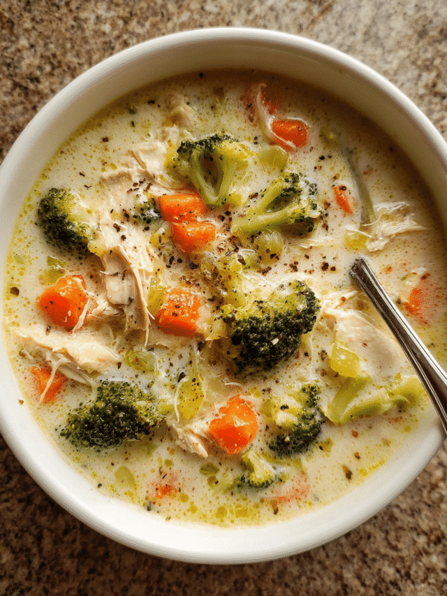 Creamy chicken and broccoli soup in a bowl