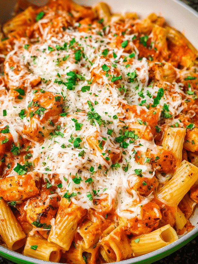 Creamy chicken parmesan pasta skillet with melted cheese