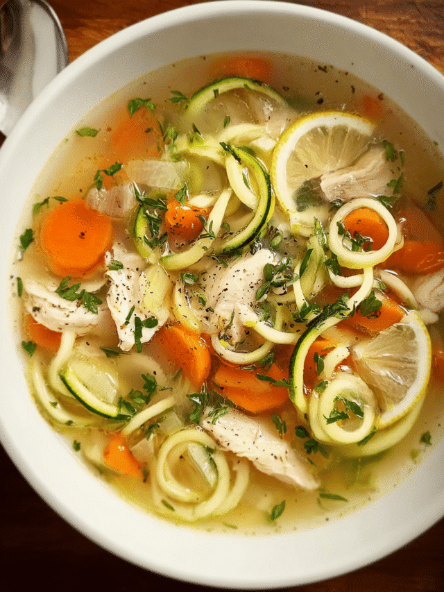 Creamy chicken zoodle soup with zucchini noodles and herbs