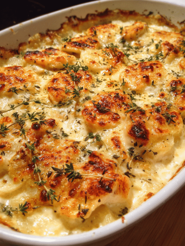 Creamy chicken and potato gratin baked until golden