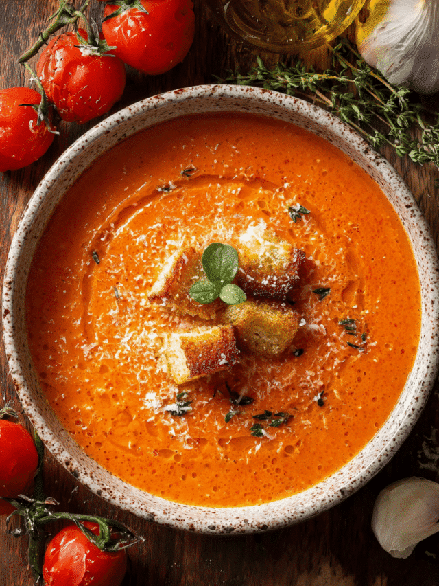 Creamy garlic parmesan tomato soup in a bowl