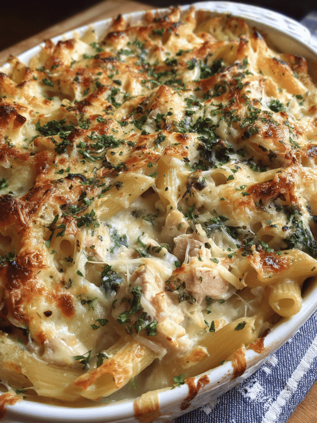 Creamy lemon chicken pasta bake with golden cheese