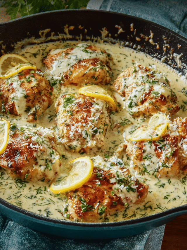 Creamy Lemon Herb Chicken in skillet with herbs