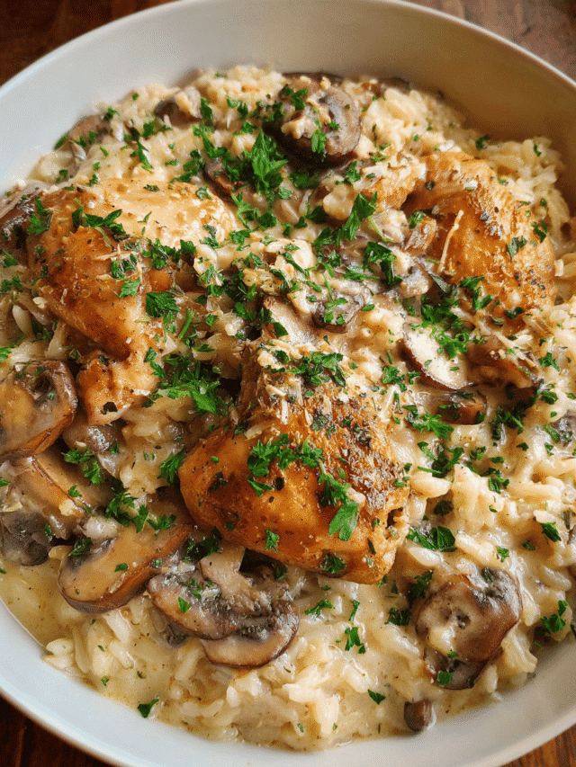 Creamy mushroom chicken rice bake in a skillet
