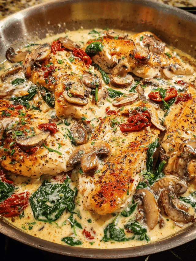 Creamy Tuscan chicken in a skillet with spinach and sun-dried tomatoes