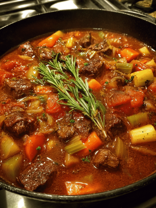 Fire-roasted tomato beef stew simmering in a pot