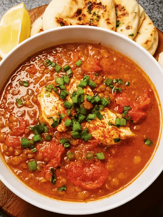 Bowl of harissa chicken lentil soup with yogurt topping